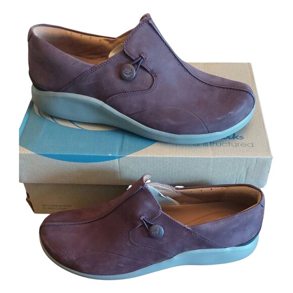 Clarks Un Loop 2 Walk Aubergine Leather Shoes Slip On 11 W - Picture 1 of 6